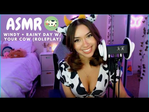 ASMR Roleplay ~ Windy + Rainy Day w/ your Cow (Blowing, Tapping, Whispering)