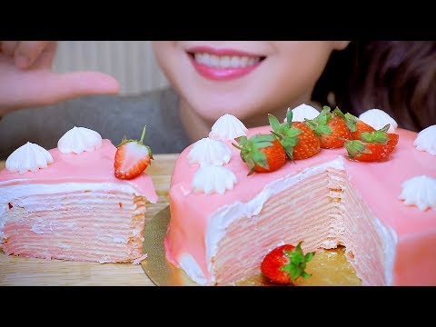 ASMR Strawberry crepe cake , SOFT EATING SOUNDS | LINH-ASMR