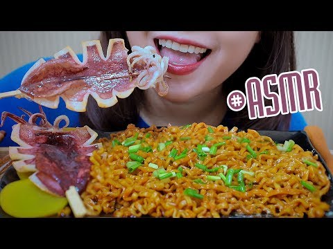 ASMR Fried half dried squid with cheesy samyang carbo noodles,EXTREME CHEWY EATING SOUNDS| LINH-ASMR