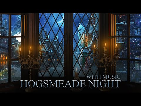 Hogsmeade Window "Winter Night" ⛄ Harry potter ASMR Ambience - Christmas Music 🎄 Fireplace & Snow