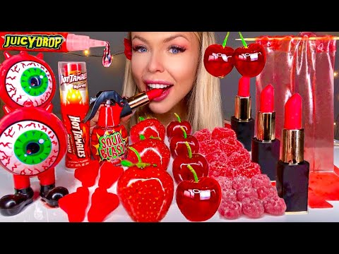 ASMR *RED FOOD* CANDIED FRUIT, CHERRY, STRAWBERRY, EDIBLE LIPSTICK, GLASS JELLY NOODLES, MUKBANG 먹방