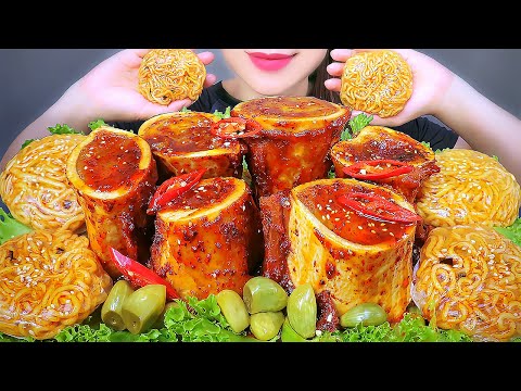 ASMR SPICY BEEF MARROW BONE , FIRE NOODLE WRAP , EATING SOUNDS | LINH-ASMR