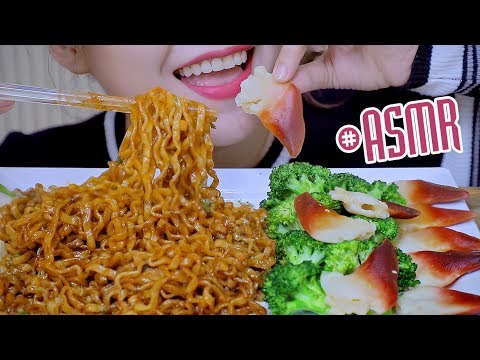 ASMR eating Carbo fire noodles and stir fried red oysters with brocolli , EATING SOUNDS | LINH-ASMR