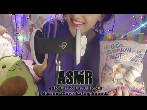 ASMR 3dio Ear to Ear whisper Eating Sounds 😊(Unicorn Marshmallows🦄 ) !! Eating Video!!!! 🥰