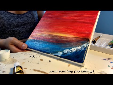 ASMR Watch Me Paint a VIBRANT, HAZY, RED SUNSET w. Acrylics on Canvas! (No Talking) 🤐🌅