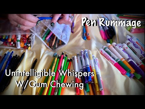 ASMR Pen & pencil rummage (Unintelligible Whispers W/Gum chewing) Heavy plastic crinkles.