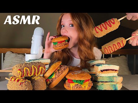 ASMR ~ CAKE Mukbang ~ “Moldy” Sandwiches, Cheeseburger Whoopie Pies & Corn Dogs! Soft Eating Sounds