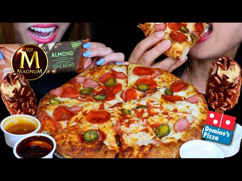 ASMR EATING CHEESY DOMINO'S SPICY PEPPERONI PIZZA + MAGNUM ICE CREAM BARS + ALL THE SAUCES 먹방