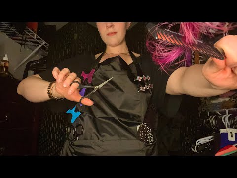 ASMR Haircut Role Play (water, cutting, cape, clipping, combing, texturizing, & curling sounds)