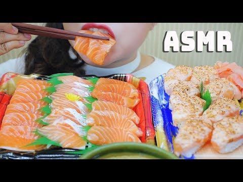 ASMR SALMON PLATTER (SALMON SASHIMI + TORCHED SALMON SUSHI WITH ROE) EATING SOUNDS | LINH-ASMR