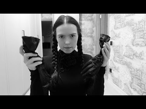 ASMR your makeover with Wednesday Addams. Leather gloves, scissors, measuring, writing sounds