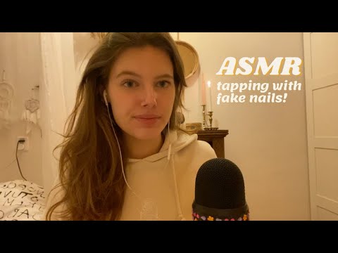 ASMR tapping with fake nails! (whispering, mic scratching, different triggers)
