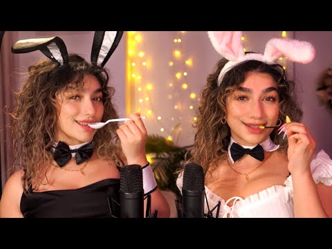 ASMR • Twin Bunny Nibbling (spoolie, nibbling, mou th sounds)
