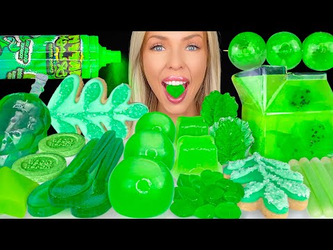 ASMR MUKBANG *Green Desserts* Sour Candy Graffiti Sprayer, Spoon, Edible Cactus, Apple Jelly 먹방