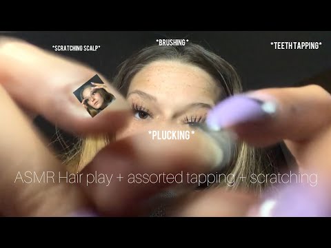 ASMR hair play brushing and scratching scalp + other assorted scratching & tapping sounds