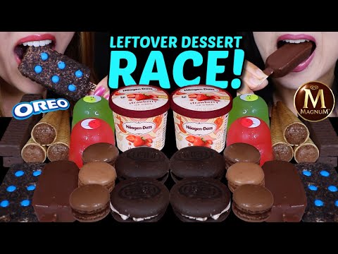 ASMR LEFTOVER DESSERT RACE! OREO PEACH CAKES, TICO ICE CREAM, MAGNUM, M&MS, SUNDAES, CHOCO CONES 먹방
