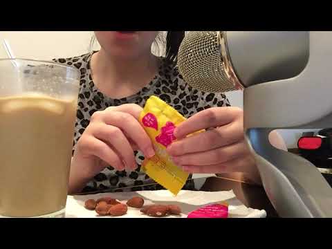 ASMR eating mouth sounds. gummies, almonds and ice coffee! Keto snacks