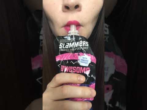 ASMR 🍎🍌🍓 applesauce squeeze packet squeezie pack yum satisfying mouth sounds #shorts #asmrsnacks