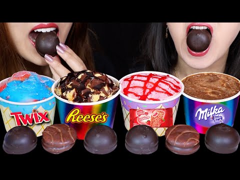 ASMR ASSORTED ICE CREAM SUNDAE CUPS + CRACKLY CHOCOLATE COVERED MARSHMALLOWS *SOFT EATING SOUNDS* 먹방