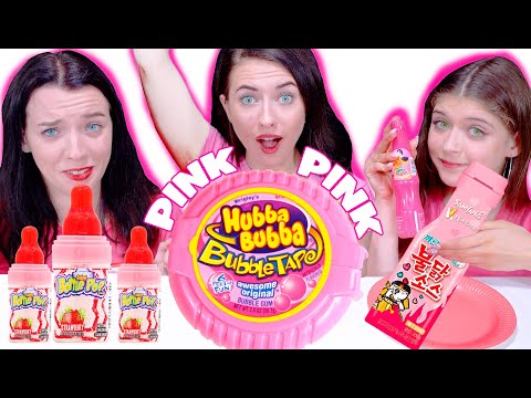 ASMR Pink One Color Food Challenge (Jelly Cups, Lollipops, Twist and Drink, Hubba Bubba)