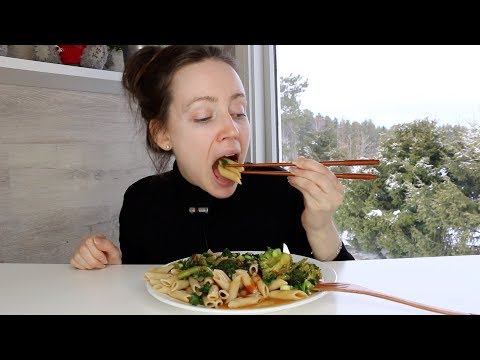 ASMR Whisper Eating Sounds | Pasta Broccoli Vegetable Wok With Coriander Sauce
