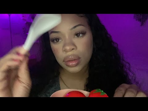 ASMR Eating your face ( Mouth Sounds , Toy Utensils)
