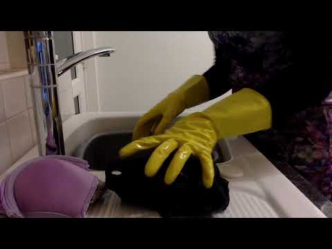 ASMR Mummy Hand Washes Bras Wearing Yellow Rubber Gloves