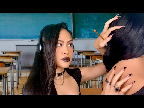 ASMR Goth Girl Befriends U (Scalp Scratching, Back Scratch + Hair Play in Class) Soft Gum Chewing RP