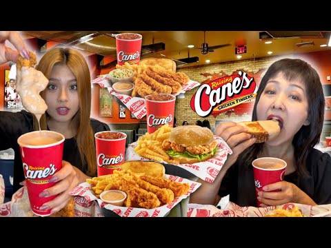 EATING RAISING CANE'S with big cup of Cane's Sauce *EVERYTHING on the menu*