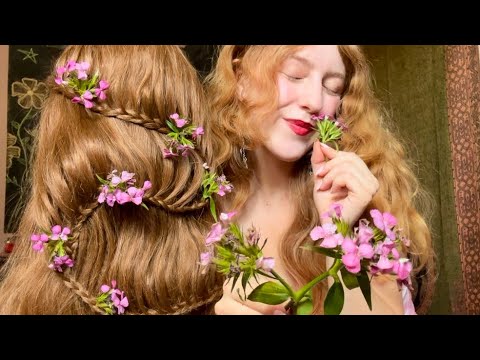 ASMR roleplay Princess fixes messy peasant hair (removing debris & braiding hair with fresh flowers)