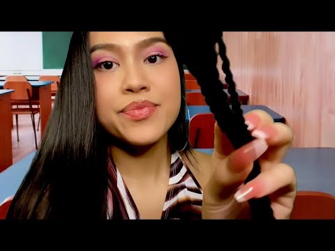 ASMR Girl in the Back of Class Plays with Your Hair Braids (gossip, hair play, gum chewing roleplay)