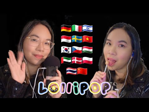 ASMR TWIN - LOLLIPOP IN DIFFERENT LANGUAGES (Mouth Sounds, Leather, Whispering) 🍭👩‍❤️‍👩[Custom]