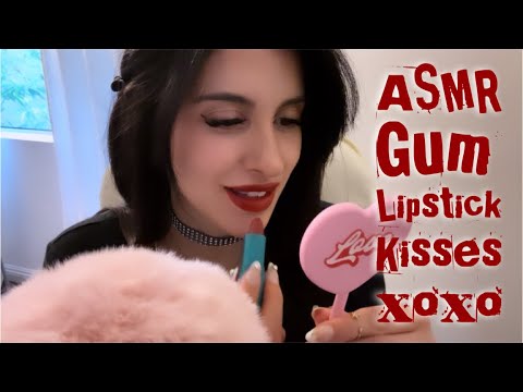 💋💄ASMR Gum Chewing Lipstick Try On + Kisses💋💄 (Whispered)💋💄