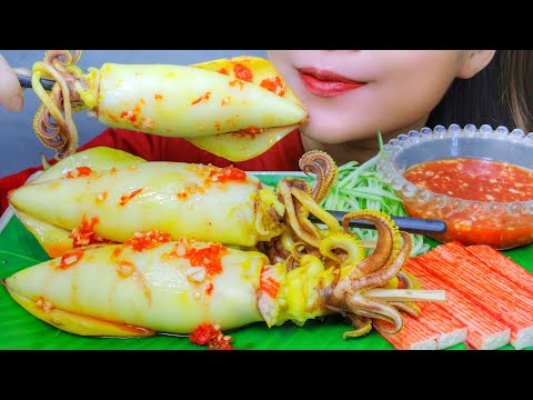 ASMR SQUID CAKES STUFFED IN SQUIDS AND CRAB STICKS , EATING SOUNDS | LINH-ASMR