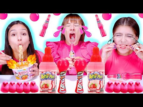 ASMR Pink One Color Food Mukbang (Yogurt Challenge, Wax Sticks, Marshmallow Chicks)
