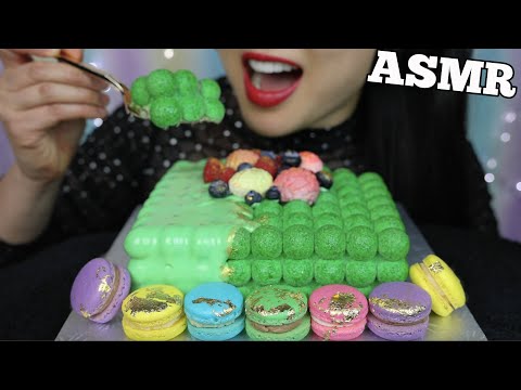 ASMR GREEN BUBBLE MOUSSE CAKE + MACARONS (EATING SOUNDS) NO TALKING | SAS-ASMR