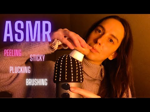 ASMR | stickers on the mic | peeling and plucking sounds |sticky sounds, brushing sounds