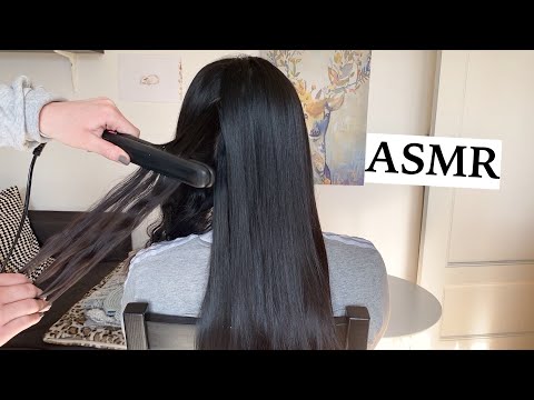 ASMR relaxing hair straightening 🖤 (hair play, hair brushing & spraying, no talking)