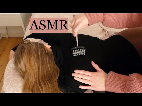 ASMR using a massage roller on my friend (back massage, back brushing & hair brushing, no talking)