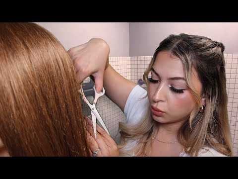 ASMR $5 haircuts in School bathroom with mean girl 😵‍💫🚽 (gum chewing)