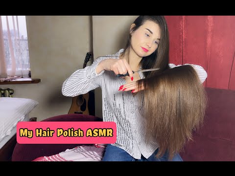Long hair polish with scissors,  ASMR video, gentle voice/whispering
