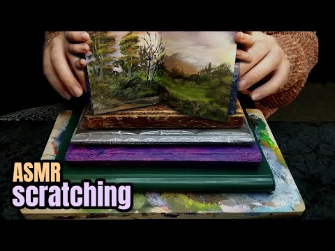 4 mic ASMR Slow scratching on wood and book covers, showing paintings