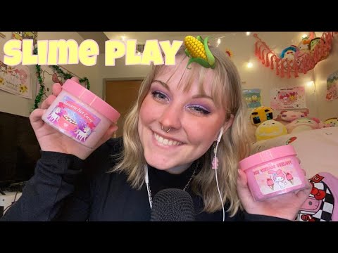 ASMR Satisfying Slime Playing and Sounds!! Stretching, poking, trigger words, and bubble wrap 💗✨☁️