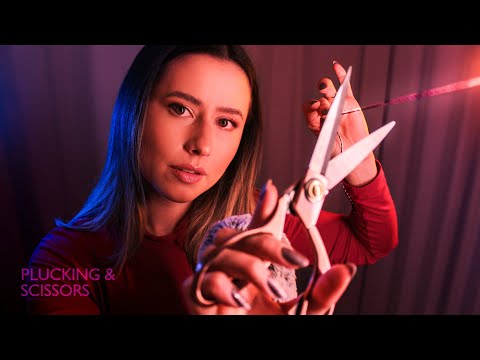 ASMR Plucking chords and cutting with scissors ✨ positive affirmations, camera and mic brushing