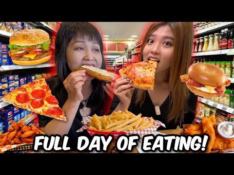 ONLY EATING SUPERMARKET FOODS FOR A FULL DAY! CHEESY PIZZA, WINGS, BURGERS, GIANT FRIED FISH, FRIES