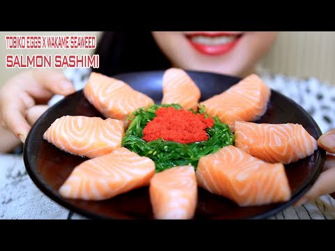 ASMR Salmon sashimi x tobiko eggs x wakame seaweed , Eating sound | LINH-ASMR