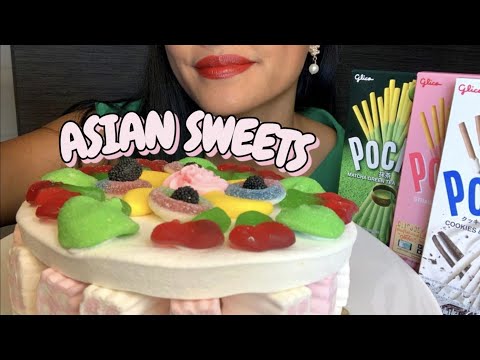 ASMR: EATING ASIAN SWEETS and MARSHMALLOW CAKE with POCKY