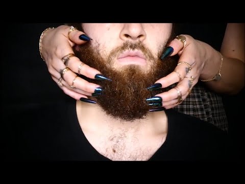 [ASMR] Relaxing Beard Massage Scratching & Moisturizing ⁓ Rain Sounds ⁓ Long Nails (No Talking)