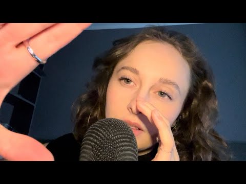 ASMR upclose whispers, mouth sounds, trigger words, inaudible, finger flutters, mic gripping...