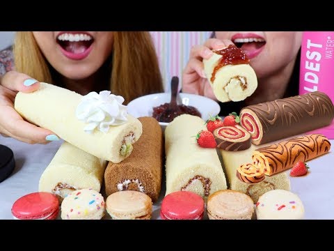 ASMR CHOCOLATE ROLL CAKES and MACARONS *SOFT EATING SOUNDS* | Kim&Liz ASMR